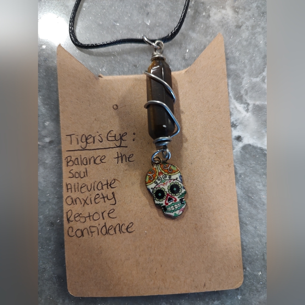 Tiger's Eye with decorative skull face necklace New